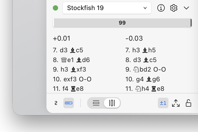 ChessRoller's engine panel: an engine picker set to Stockfish 19, above two candidate lines with their evaluations.