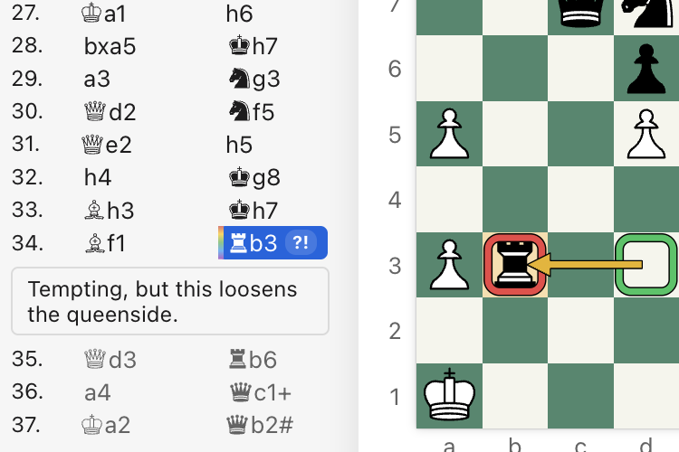 An annotated game: a move marked ?! in the move list with the comment "Tempting, but this loosens the queenside.", and colored square highlights and an arrow on the board.