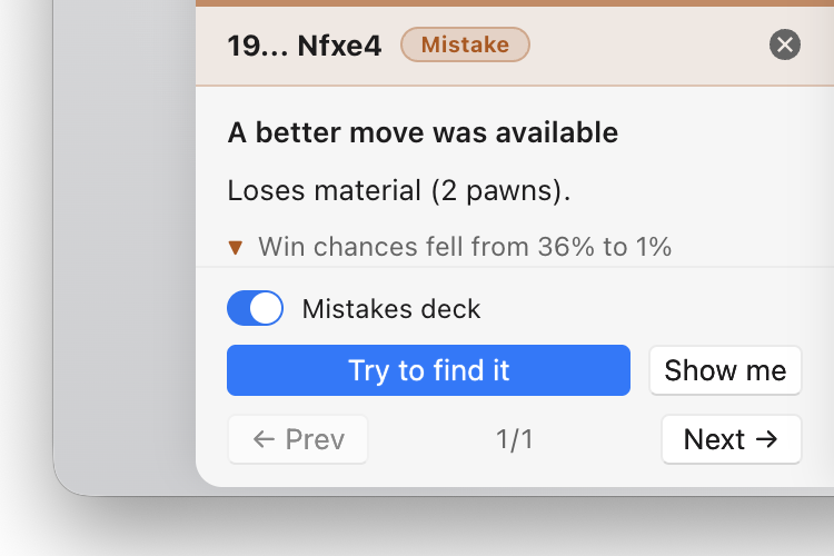 A game review flagging 19... Nfxe4 as an inaccuracy that loses two pawns of material and drops win chances by 35%, with a Mistakes deck toggle and a button to try to find the better move.