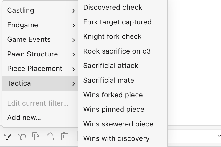 The filter menu open on Tactical, listing motif filters such as wins pinned piece, wins skewered piece, knight fork check and discovered check, beside categories for pawn structure, piece placement, endgames and castling.