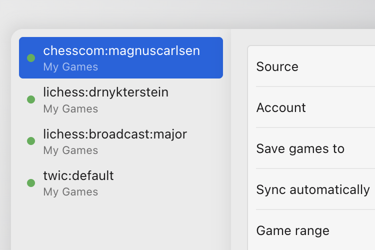 Sync settings listing four sources, a Chess.com account, a Lichess account, Lichess broadcasts and The Week in Chess, beside options for the source, account, where to save games, automatic syncing and game range.