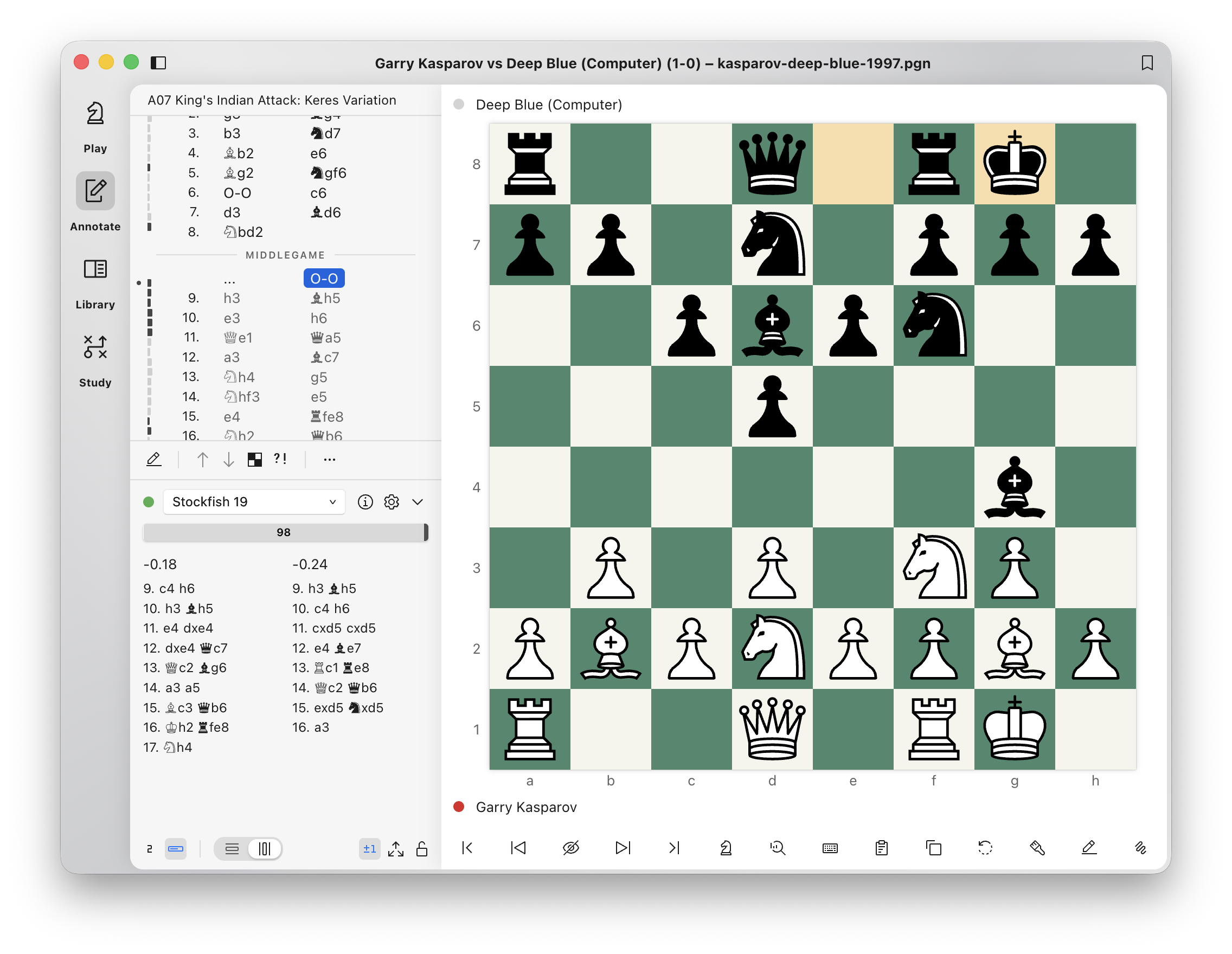ChessRoller on macOS: Kasparov versus Deep Blue open in Annotate mode, with the move list, engine analysis and board side by side.